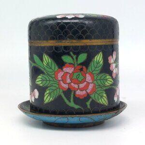 Antique Chinese Brass Cloisonne Tea Jar Box and Matching Saucer, Black with Pink